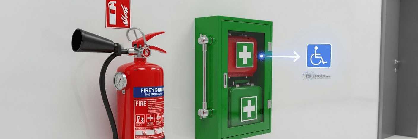 Erreichbare Feuerlöscher und Verbandkästen in barrierefreien Arbeits- und Sozialbereichen