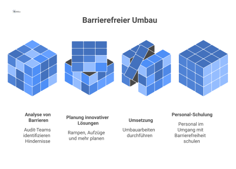  Infografik zeigt den Prozess barrierefreier Umbauten in vier Schritten: Analyse, Planung, Umsetzung und Schulung für eine zugängliche Immobilie.
