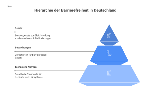  Eine Pyramiden-Infografik, welche die Hierarchie der deutschen Barrierefreiheitsvorschriften zeigt, mit dem Gesetz (BGG) an der Spitze und Normen an der Basis.