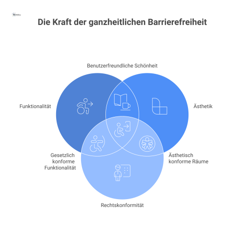  Infografik eines Gebäudequerschnitts, der barrierefreie Lösungen wie Rampen, taktile Leitsysteme und assistive Technologien nach DIN 18040 zeigt. 
