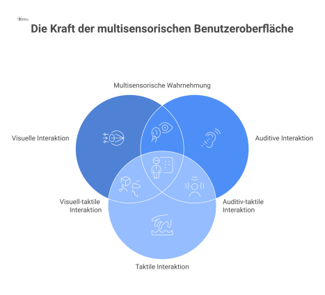  Infografik, die ein zentrales System zeigt, das über visuelle, auditive und taktile Kanäle mit einem Nutzer interagiert. 