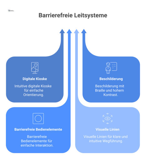 Ein Diagramm barrierefreier Leitsysteme, das diverse Nutzer mit Rollstuhl und Blindenstock zeigt, die mit digitalen Kiosks und Braille-Schildern interagieren.