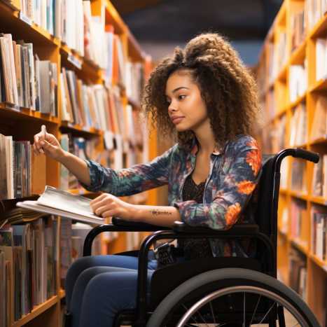 Rollstuhlnutzer auf barrierefreiem Campusweg vor Bildungseinrichtung mit stufenlosem Zugang